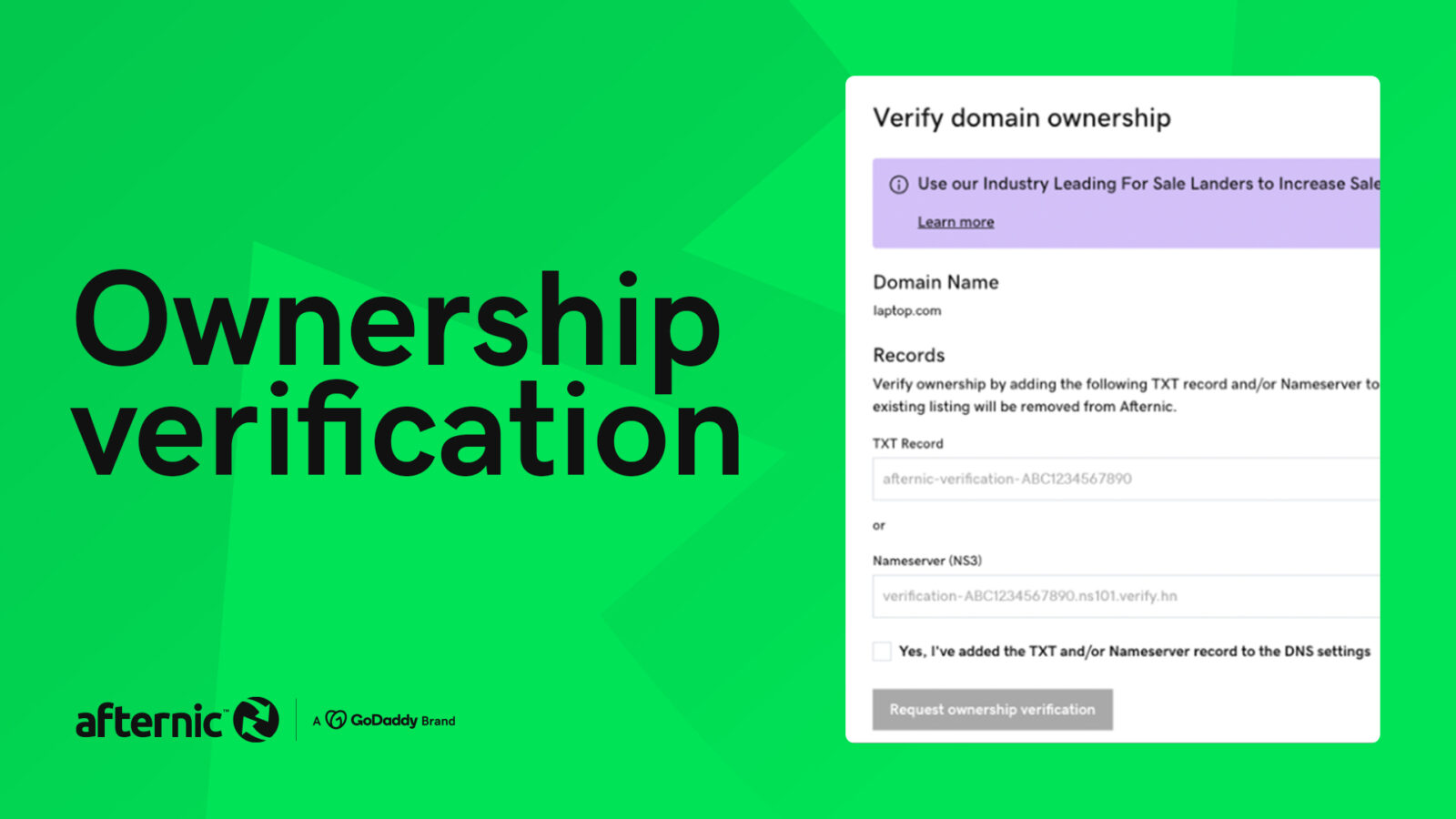 Afternic ownership verification - header image with screenshot