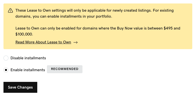 Lease to Own enablement setting