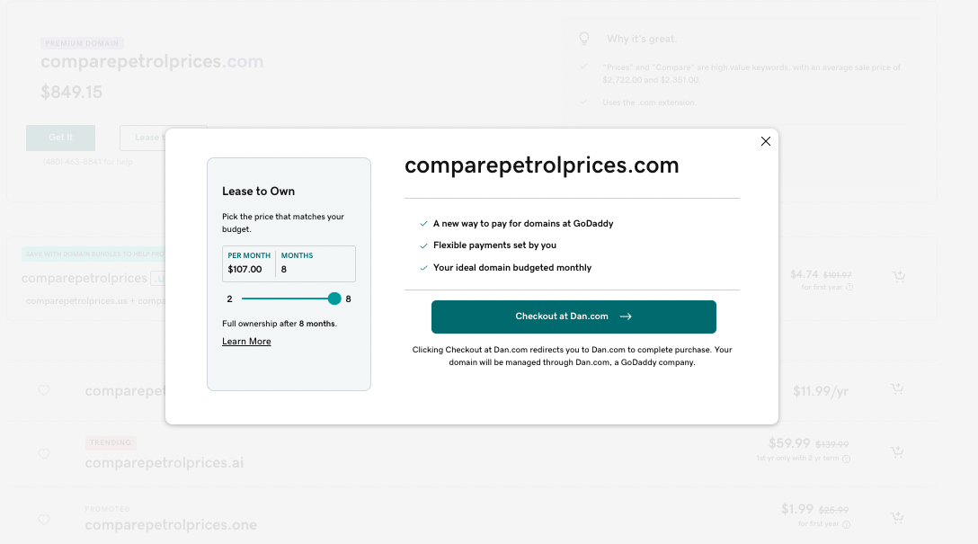 Lease to Own at GoDaddy, allowing a buyer to adjust their monthly payments before checking out.